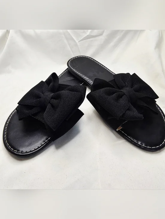 Black Bow Slide Sandals Flat Slip On Casual Summer Size 8 Feminine Summer Girly - Picture 6 of 6